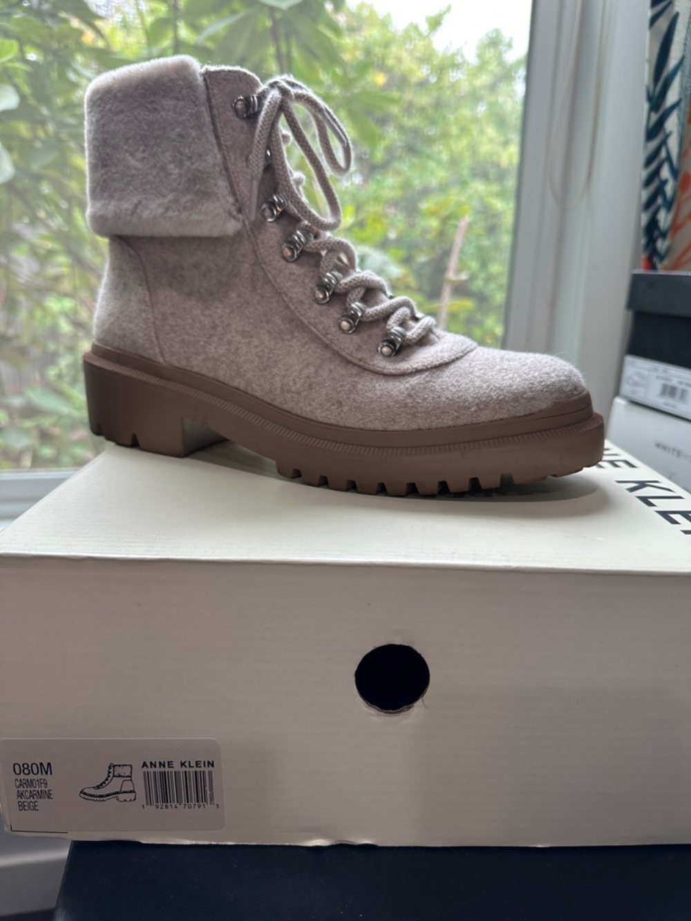 Anne Klein Taupe Lace-Up Wool-Blend Lug Boot